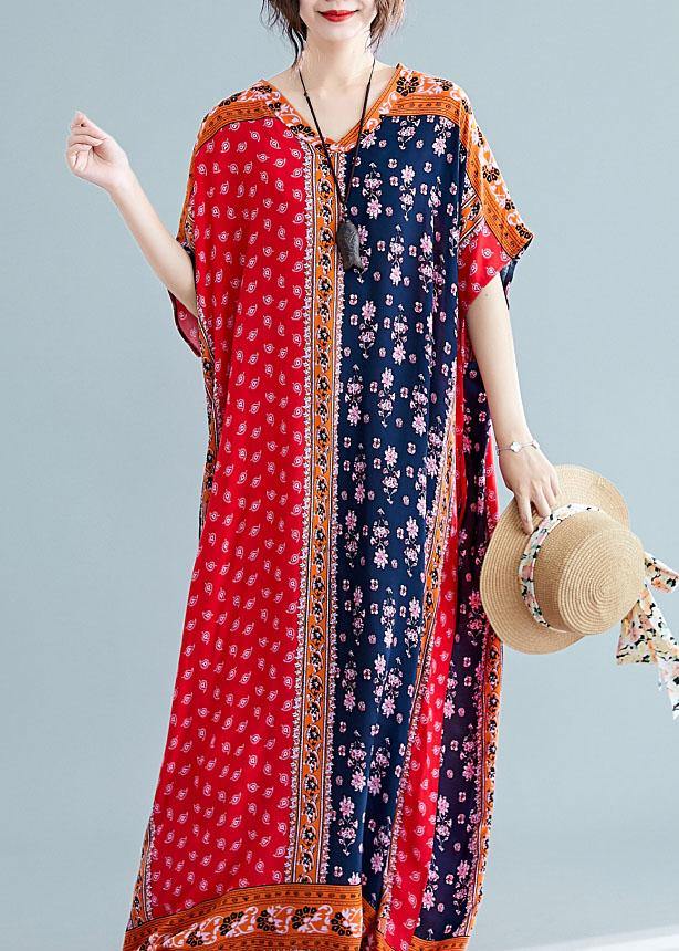Natural Red Print Cotton Dresses V Neck Pockets Cotton Robes Summer Dresses