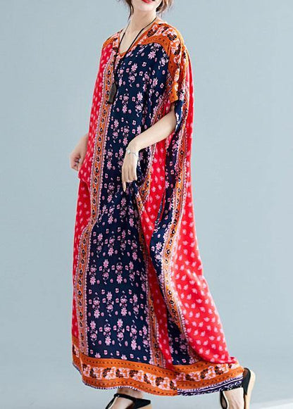 Natural Red Print Cotton Dresses V Neck Pockets Cotton Robes Summer Dresses