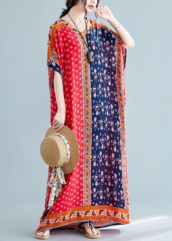 Natural Red Print Cotton Dresses V Neck Pockets Cotton Robes Summer Dresses