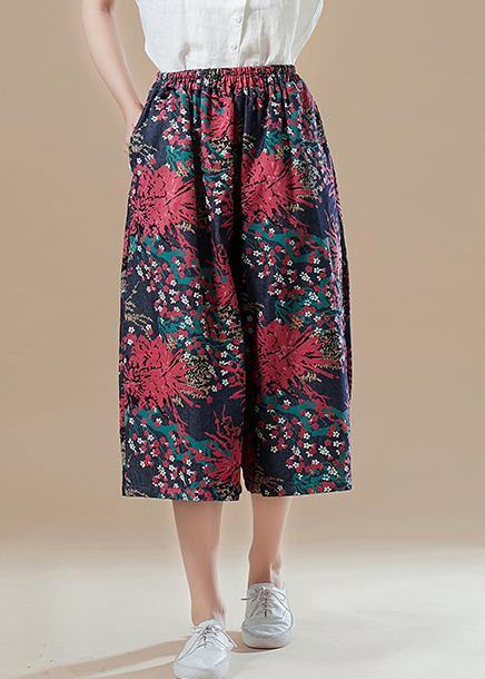 Natural Red Print Cotton for Fitted Catwalk Robe Elastic Waist Wide Leg Pants