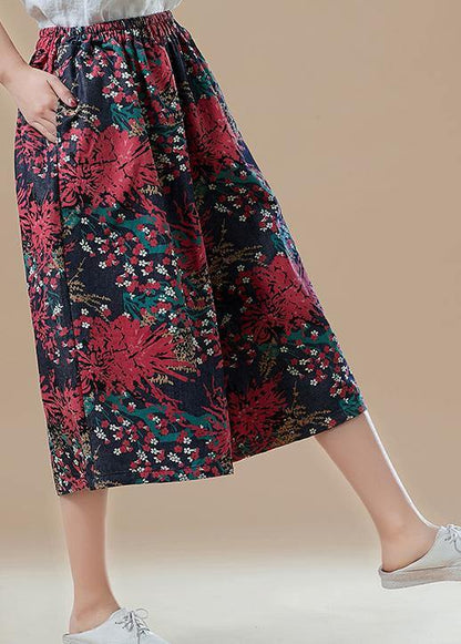 Natural Red Print Cotton for Fitted Catwalk Robe Elastic Waist Wide Leg Pants