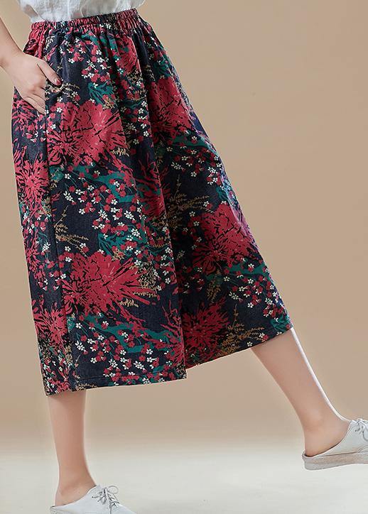 Natural Red Print Cotton for Fitted Catwalk Robe Elastic Waist Wide Leg Pants