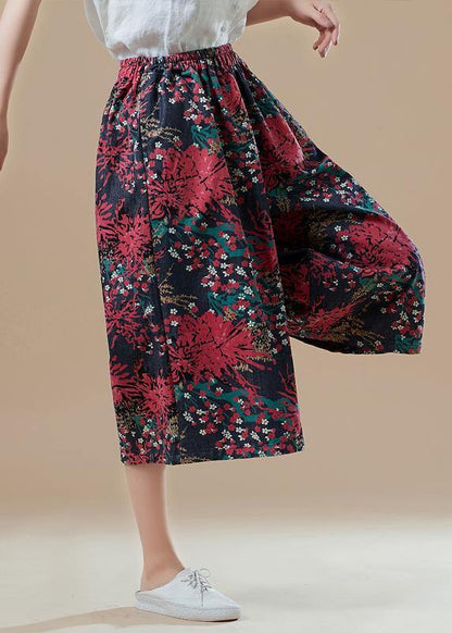 Natural Red Print Cotton for Fitted Catwalk Robe Elastic Waist Wide Leg Pants