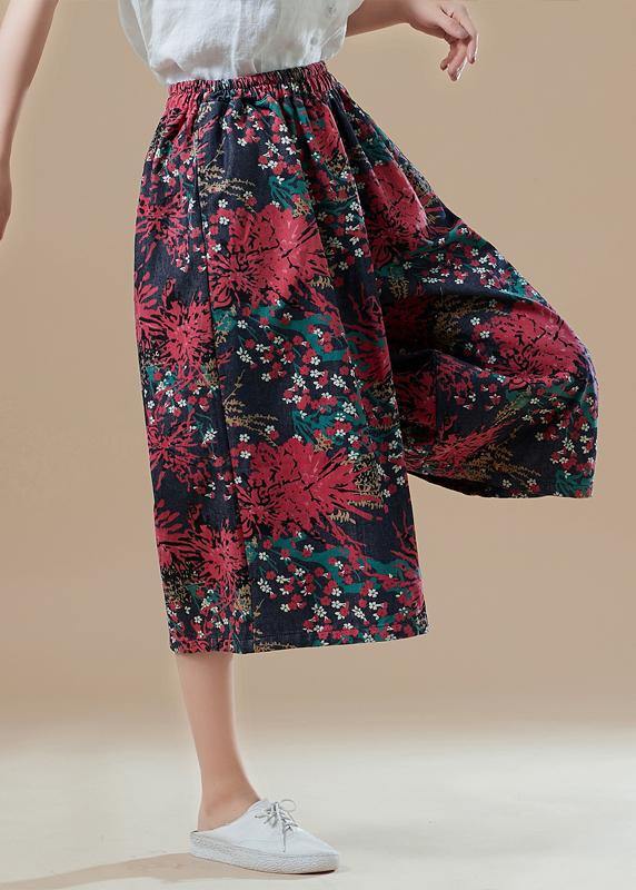 Natural Red Print Cotton for Fitted Catwalk Robe Elastic Waist Wide Leg Pants