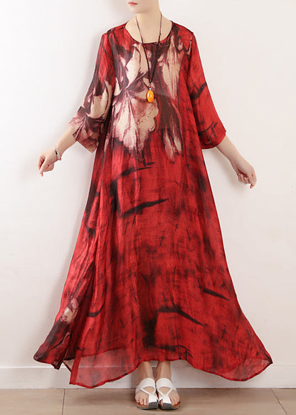 Natural Red Print Silk Dresses Asymmetric Big Hem Kaftan Summer Dresses