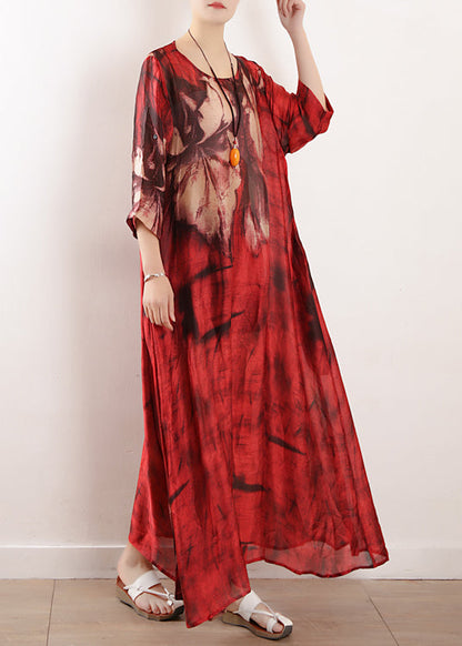 Natural Red Print Silk Dresses Asymmetric Big Hem Kaftan Summer Dresses