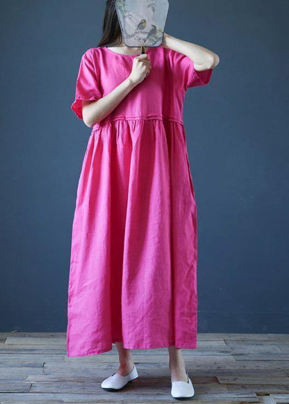 Natural Rese Linen Robes O Neck Cinched Maxi Summer Dress