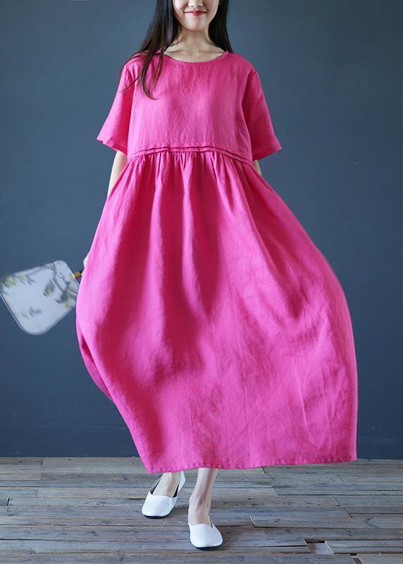 Natural Rese Linen Robes O Neck Cinched Maxi Summer Dress
