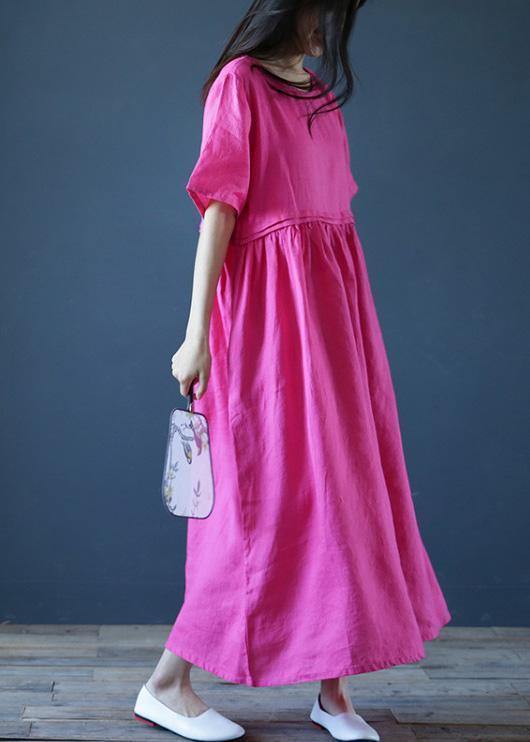 Natural Rese Linen Robes O Neck Cinched Maxi Summer Dress