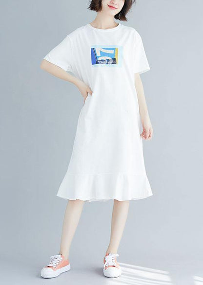 Natural Ruffles Hem Cotton Clothes for Shirts White Prints Dress Summer
