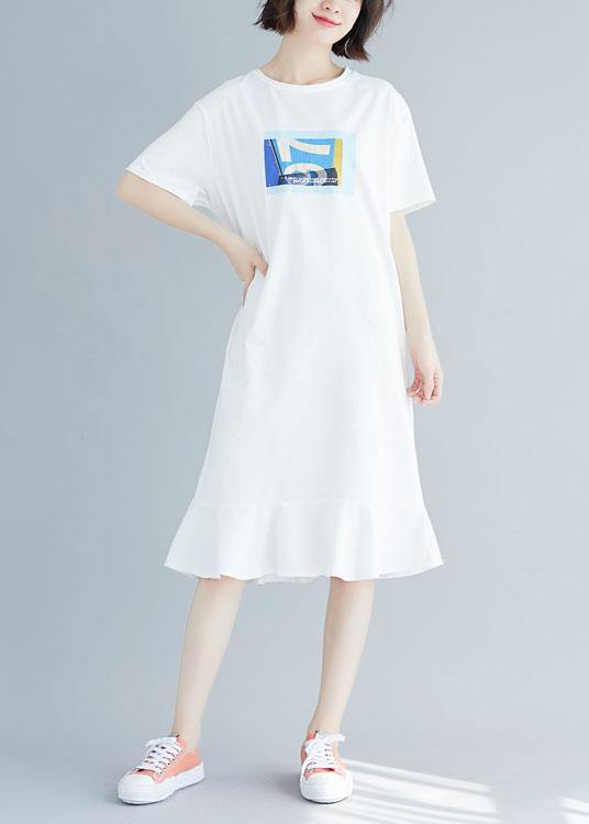 Natural Ruffles Hem Cotton Clothes for Shirts White Prints Dress Summer