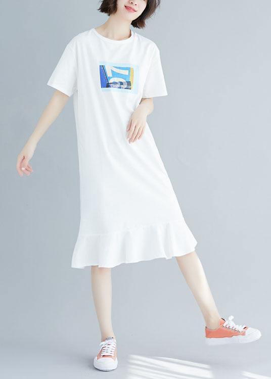 Natural Ruffles Hem Cotton Clothes for Shirts White Prints Dress Summer