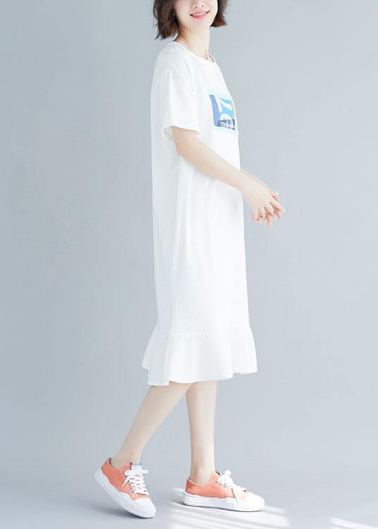 Natural Ruffles Hem Cotton Clothes for Shirts White Prints Dress Summer