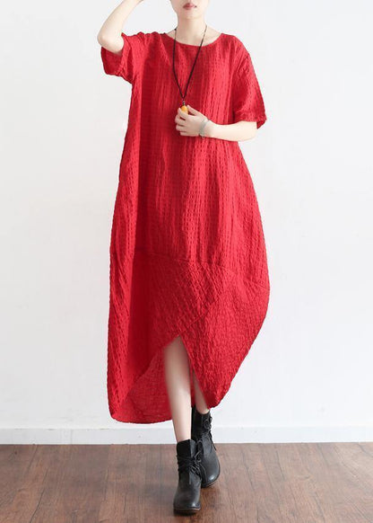 Natural Short Sleeve Linen Clothes Tutorials Red Plaid Dress Summer