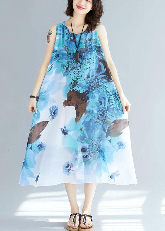 Natural Sleeveless Cotton Tunics Wardrobes Blue Prints Long Dresses Summer
