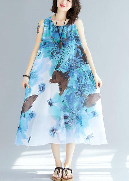 Natural Sleeveless Cotton Tunics Wardrobes Blue Prints Long Dresses Summer