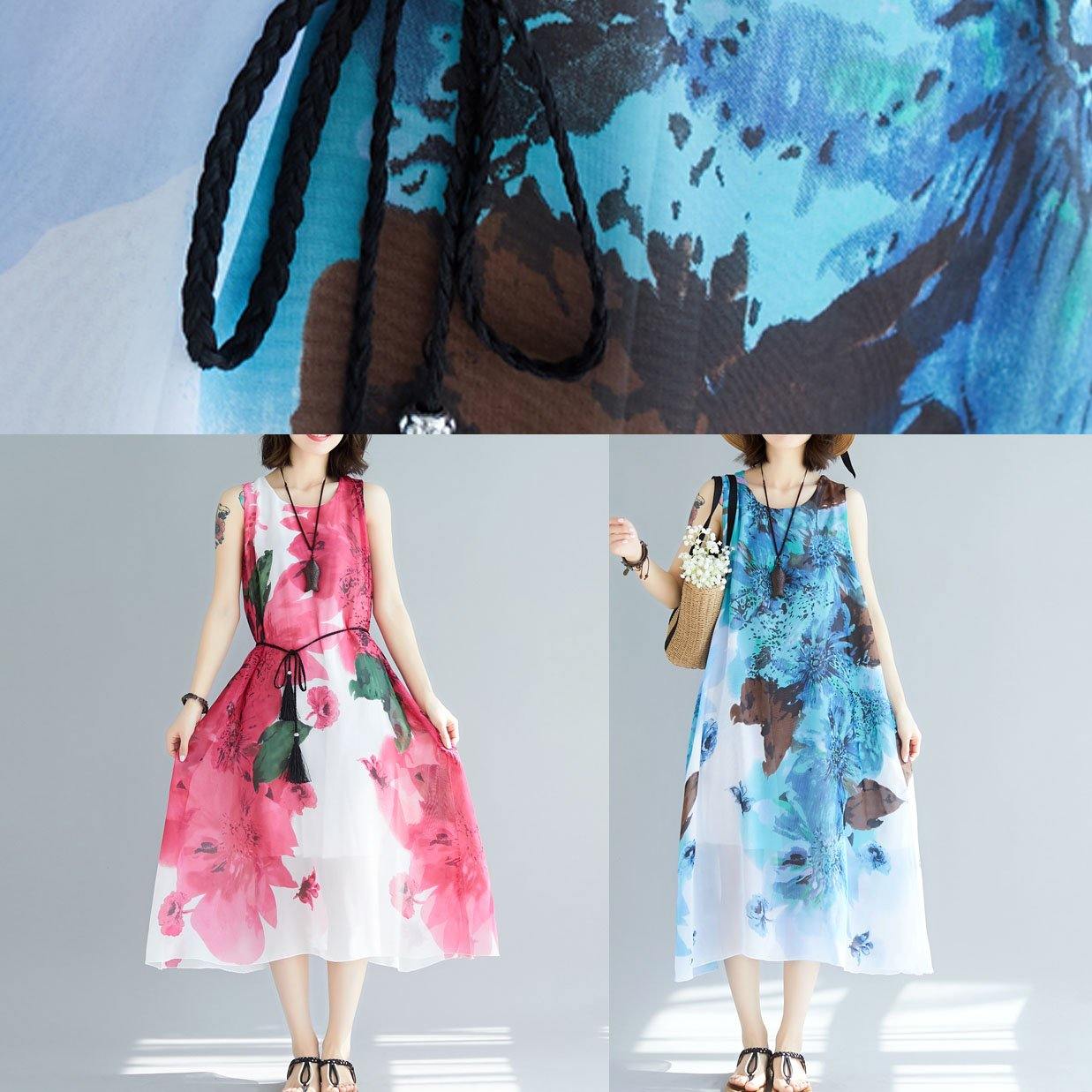 Natural Sleeveless Cotton Tunics Wardrobes Blue Prints Long Dresses Summer