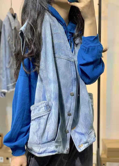 Natural Sleeveless Cotton Clothes for Shirts Denim Blue V Neck Shirts Fall