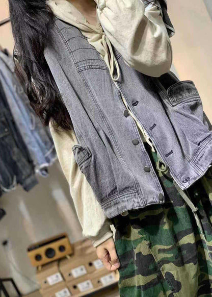 Natural Sleeveless Cotton Clothes for Shirts Denim Blue V Neck Shirts Fall