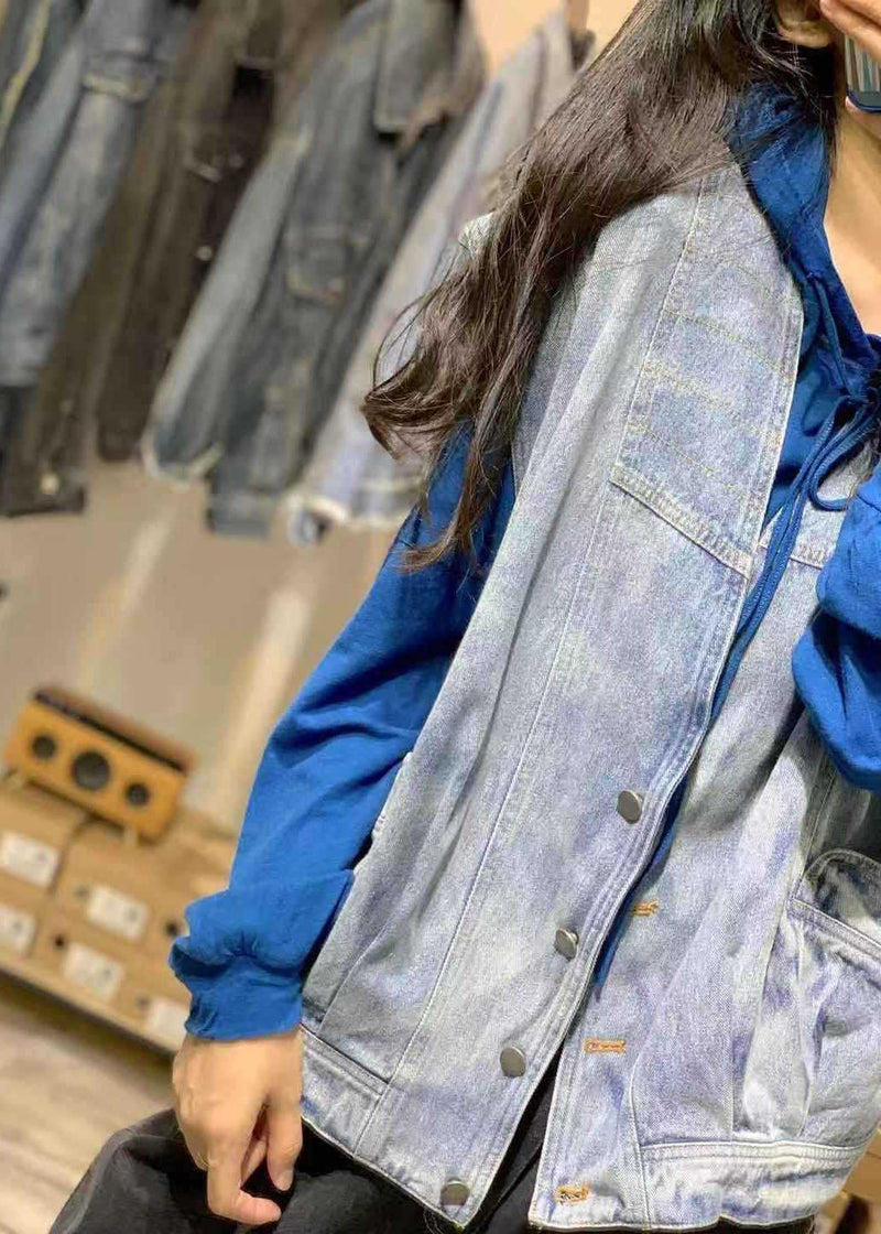 Natural Sleeveless Cotton Clothes for Shirts Denim Blue V Neck Shirts Fall