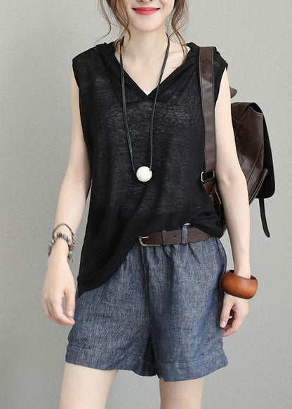 Natural Sleeveless Cotton Clothes for Hooded Oversized Black Blouses