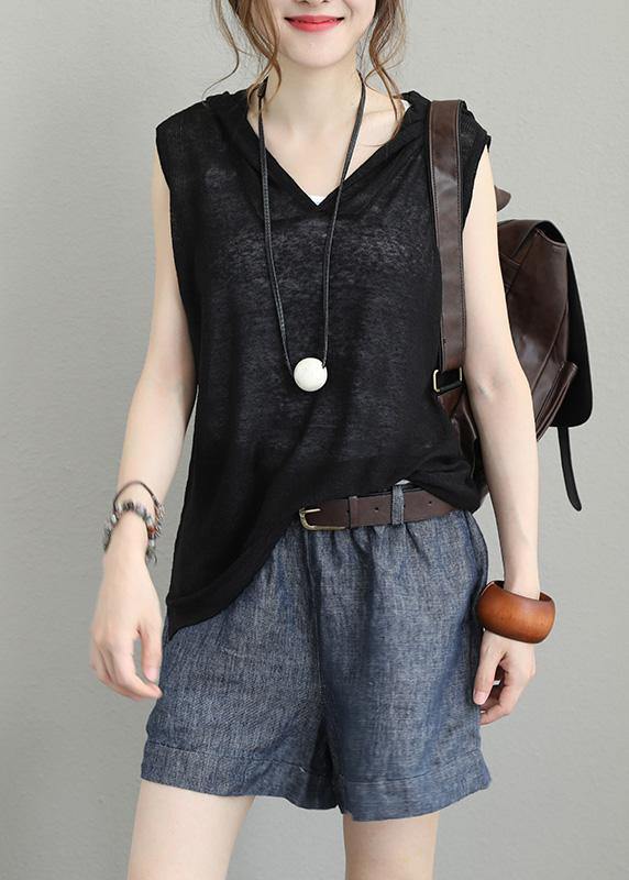 Natural Sleeveless Cotton Clothes for Hooded Oversized Black Blouses
