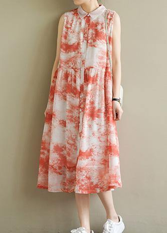Natural Sleeveless Cinched Chiffon Sewing Red Print Robe Dress Summer