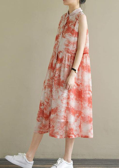 Natural Sleeveless Cinched Chiffon Sewing Red Print Robe Dress Summer