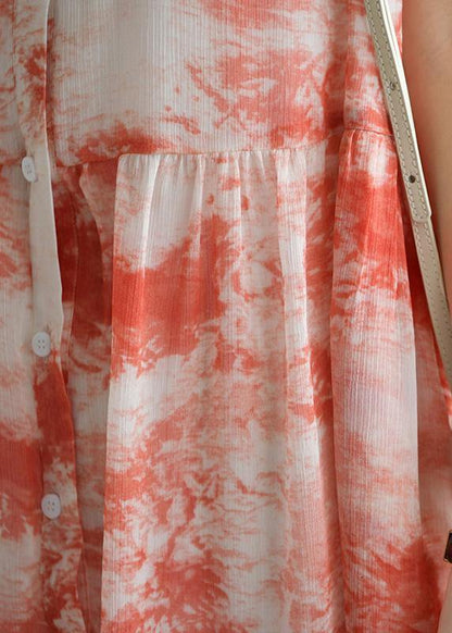 Natural Sleeveless Cinched Chiffon Sewing Red Print Robe Dress Summer