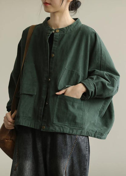 Natural Stand Collar Button Down Fine Tunic Coat Green Box Jackets