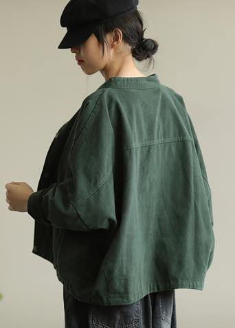 Natural Stand Collar Button Down Fine Tunic Coat Green Box Jackets