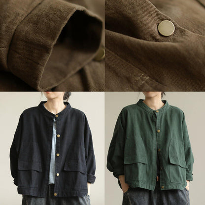 Natural Stand Collar Button Down Fine Tunic Coat Green Box Jackets