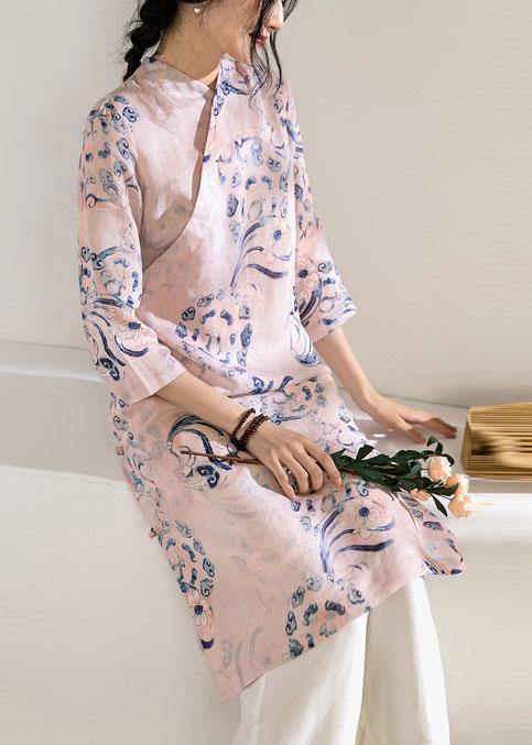 Natural Stand Collar Chinese Button Linen Summer Dresses Work Outfits Pink Print Dress