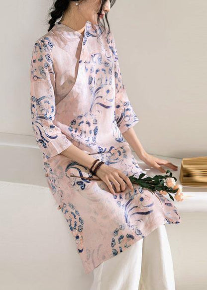 Natural Stand Collar Chinese Button Linen Summer Dresses Work Outfits Pink Print Dress