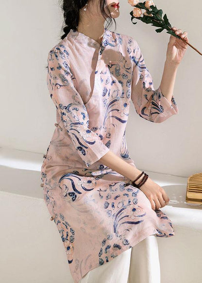Natural Stand Collar Chinese Button Linen Summer Dresses Work Outfits Pink Print Dress