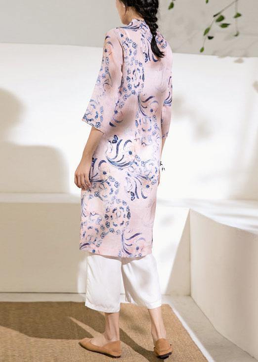 Natural Stand Collar Chinese Button Linen Summer Dresses Work Outfits Pink Print Dress
