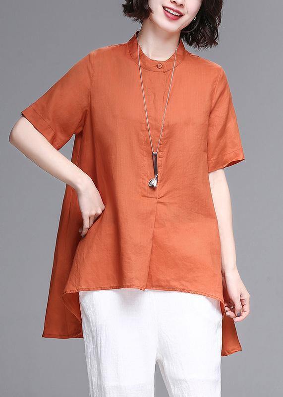 Natural Stand Collar Asymmetric Linen Cotton Box Top Orange Box Shirts Summer