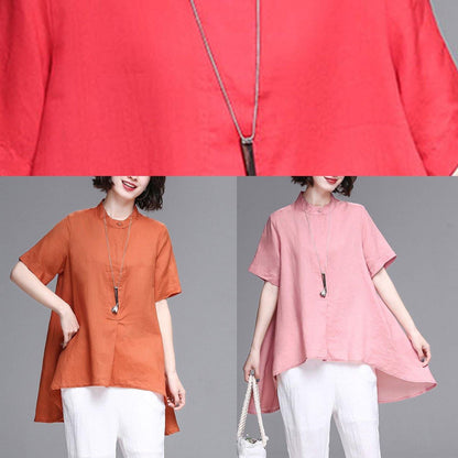 Natural Stand Collar Asymmetric Linen Cotton Box Top Orange Box Shirts Summer