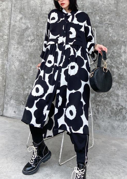 Natural Stand Collar Asymmetric Quilting Dresses Inspiration Black Print Dresses