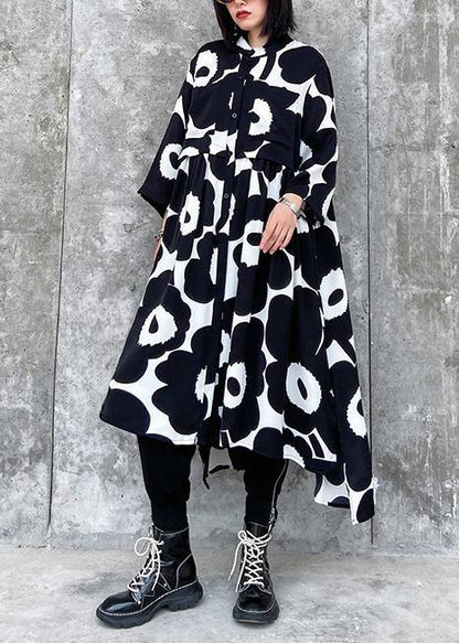 Natural Stand Collar Asymmetric Quilting Dresses Inspiration Black Print Dresses