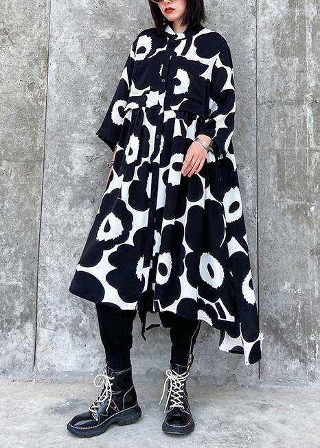 Natural Stand Collar Asymmetric Quilting Dresses Inspiration Black Print Dresses