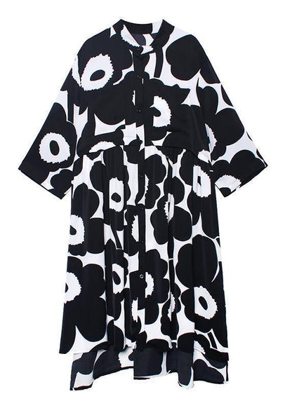 Natural Stand Collar Asymmetric Quilting Dresses Inspiration Black Print Dresses