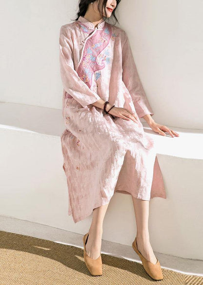 Natural Stand Collar Embroidery Linen Dresses Ideas Pink Dresses