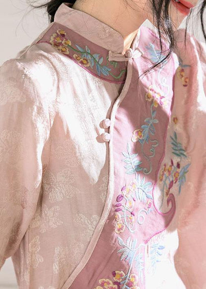Natural Stand Collar Embroidery Linen Dresses Ideas Pink Dresses