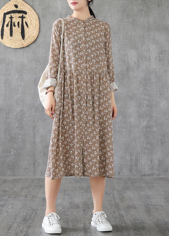Natural Stand Collar Patchwork Cotton Linen Dresses Sleeve Khaki Print Dress