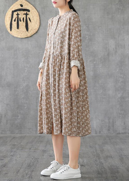 Natural Stand Collar Patchwork Cotton Linen Dresses Sleeve Khaki Print Dress