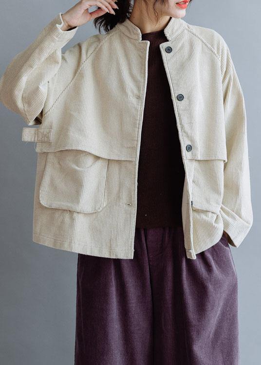Natural Stand Collar Pockets Cotton Blouse Pattern Beige Tops Fall