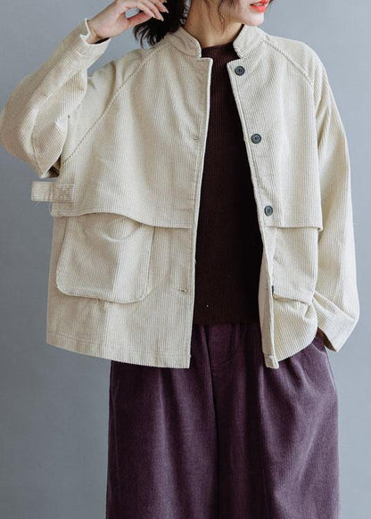 Natural Stand Collar Pockets Cotton Blouse Pattern Beige Tops Fall