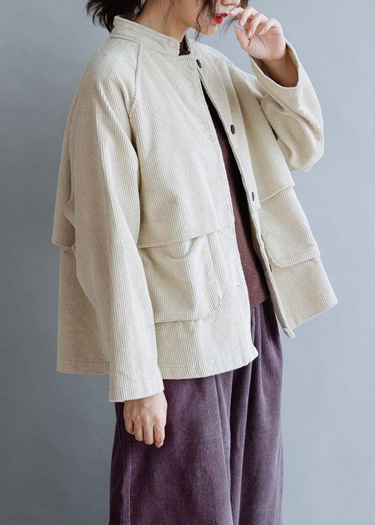 Natural Stand Collar Pockets Cotton Blouse Pattern Beige Tops Fall
