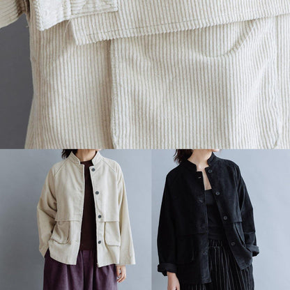 Natural Stand Collar Pockets Cotton Blouse Pattern Beige Tops Fall